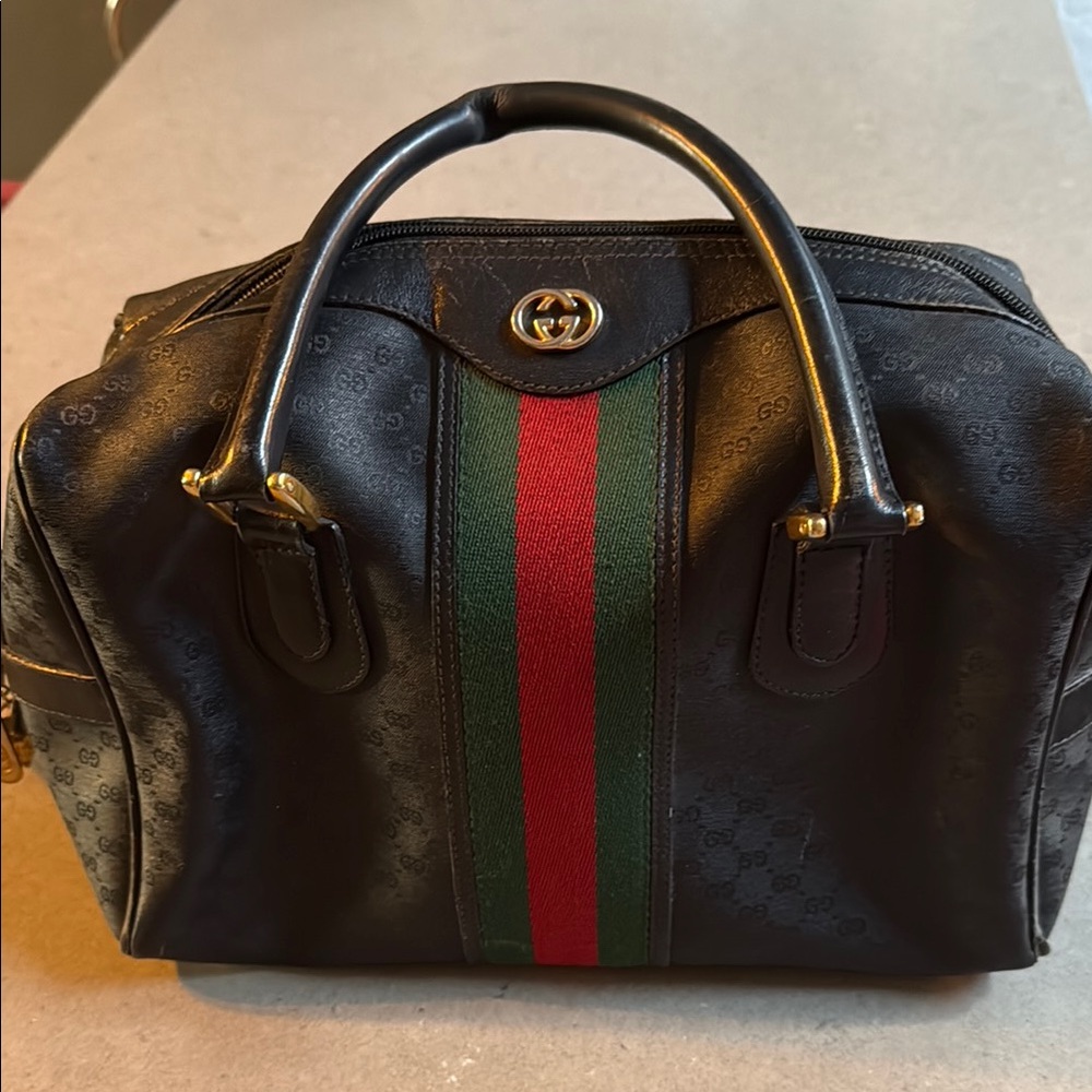 Gucci Black Leather Bag with Signature Stripe